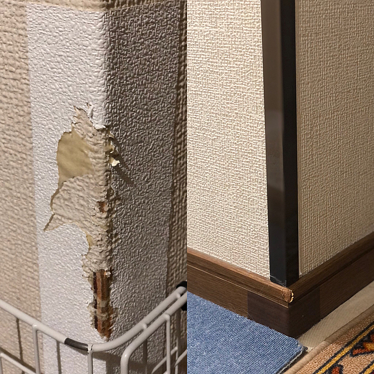 この前ヤラれた壁紙を補修(左)したのに
また、ヤラれました💦
そんなわけで…
昨日また補修しました✨
Ｌ字のプラスチックを両面テープで貼っただけやけど〜🤣