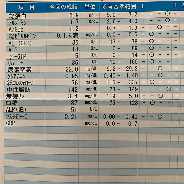 先日受けた血液検査の結果が届きました。
凛、中性脂肪が高いね〜😅
一応正常値の範囲ですが、上限近い😅
フードは変えてまだ間もないので、もう少し様子を見よう💦