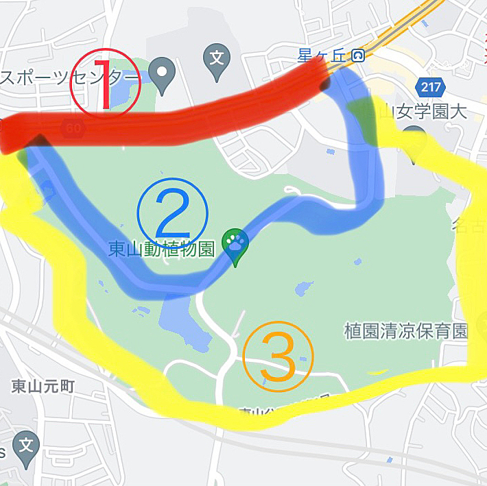 目的地はいつものショッピングモールです♪
①の大通り沿いだとすぐに到着、②動物園を突っ切るコース、③動物園の外周を行く大外コース🦁🐘🦒🐨
今日は③の大外コースにしました💦💦