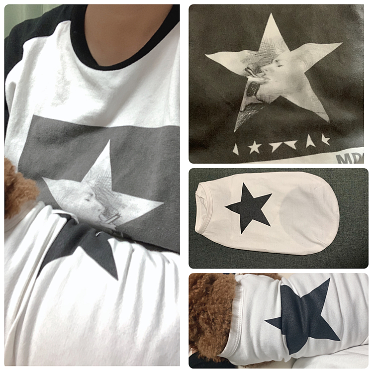 鎌倉ドッグさんのTシャツが安かったので買いました。
シンプルでデヴィッドボウイさんのブラックスター★みたいです。
抱っこしてたら偶然飼い主のTシャツと星が合わさりました🤣🤩🤩🤩