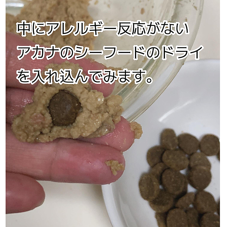 アカナのシーフードもアレルゲンが入っていないので食べられるのですが、たまにしか食べてくれません。
なのでお団子の中に入れて煮込んでみようと思います。