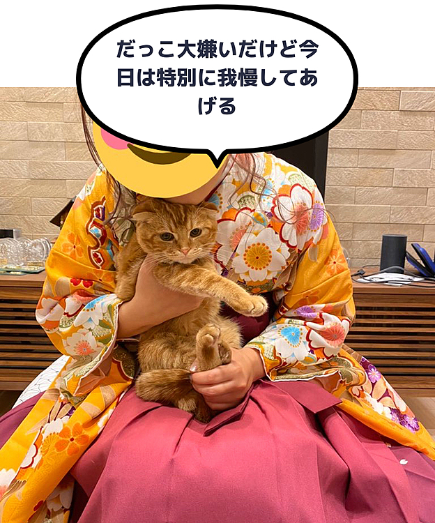 だっこ嫌いなのでいつもは暴れるのですが特別な日というのが分かっているようで大人しく写真撮影させてくれました！おりこうでした！