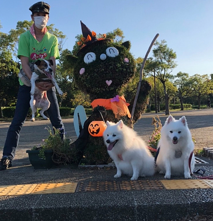 また、石人の星公園へ!たくさんお友達と会ったよ。この間はお月見うなぎ犬だったけど、今日ハロウィン🎃うなぎ犬に‼️私は、また、タイガー🐯抱っこ😅