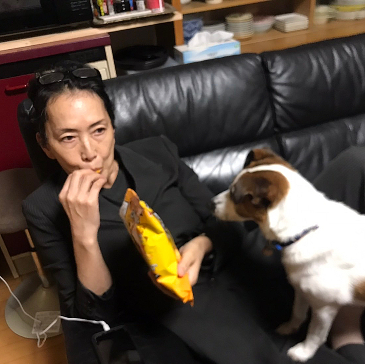 タイガー🐯が、欲しそうにし過ぎて笑えると、息子が、、、黒い服装に黄色い菓子袋が、映え過ぎ😅
