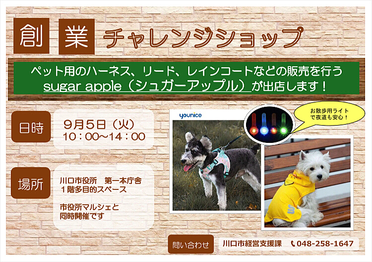 9月5日に埼玉県の川口市役所内でシュガーアップル商店のペット用品を販売致します。

チラシは市役所の職員さんが作ってくれました〜〜