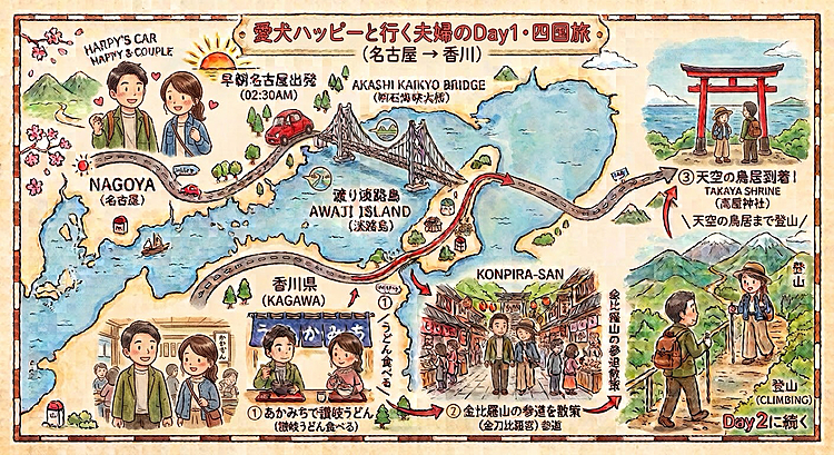 ハッピーと行く四国旅🚗　【全編】

18（金）深夜に名古屋を出発して明石大橋を渡り淡路島で休憩🐶
更に鳴門海峡を渡り四国へ♪
まずは香川でお気に入りのお店でうどんを食べました🍜