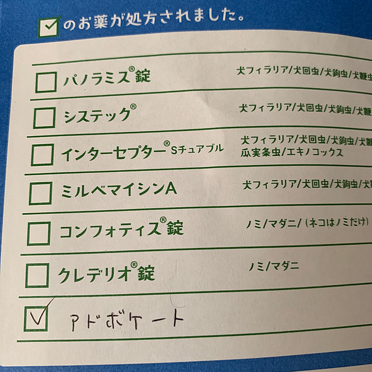 お薬の袋裏見たら懐かしい薬の名前が…ミルベマイシン。実家のはずっとコレだったなぁ…😊喜んでボリボリ食べてた😅恐ろしいくらいなんでも食べてたなぁ…